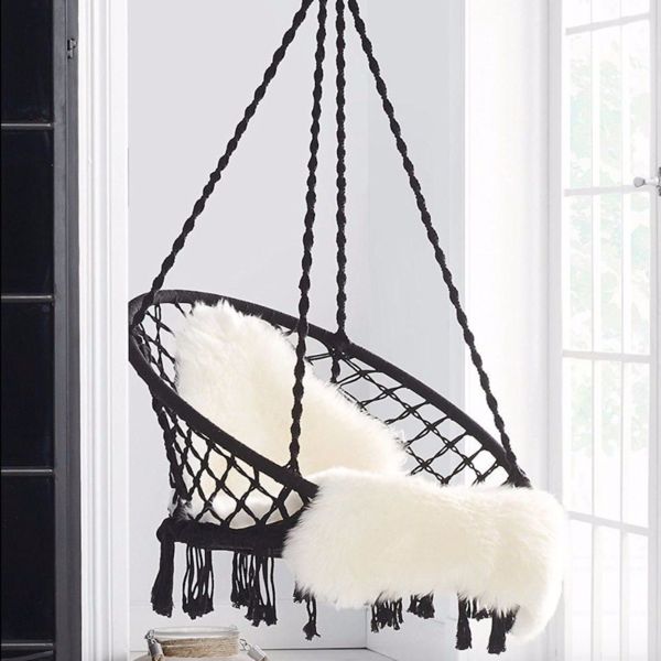 Macrame Swing Hammock Chair | Handmade Bohemian Hanging Rope Cotton Seat for Indoor Outdoor Bedroom Porch | Sturdy Steel Construction | Easy to Install
