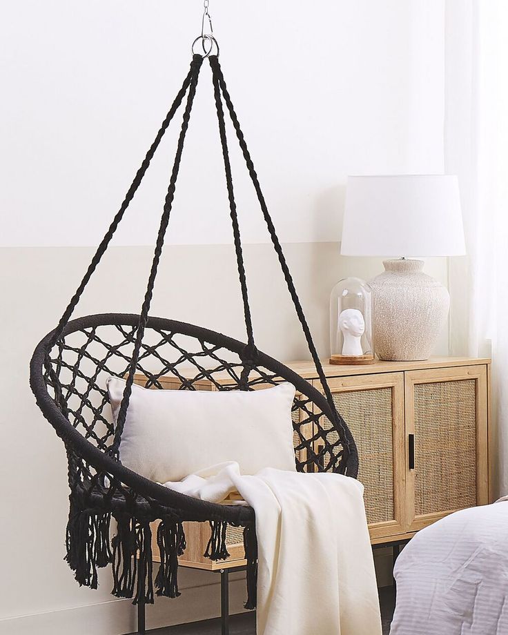 Macrame Swing Hammock Chair | Handmade Bohemian Hanging Rope Cotton Seat for Indoor Outdoor Bedroom Porch | Sturdy Steel Construction | Easy to Install