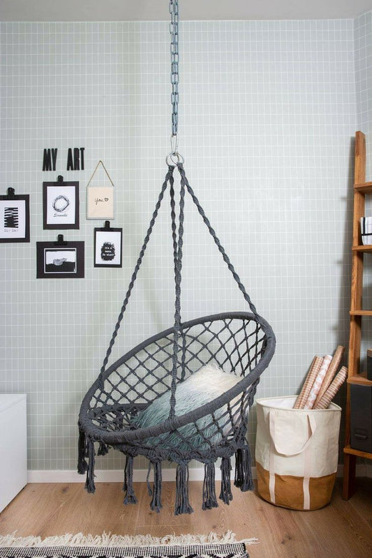 Macrame Swing Hammock Chair | Handmade Bohemian Hanging Rope Cotton Seat for Indoor Outdoor Bedroom Porch | Sturdy Steel Construction | Easy to Install