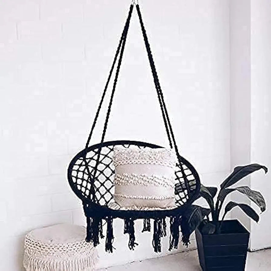 Macrame Swing Hammock Chair | Handmade Bohemian Hanging Rope Cotton Seat for Indoor Outdoor Bedroom Porch | Sturdy Steel Construction | Easy to Install