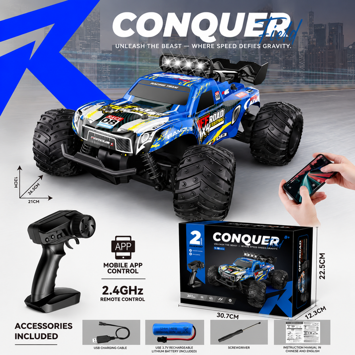 1:18 RC Monster Conquer Truck for Kids Ages and Hobby fans | 2.4GHz Remote Control Car with LED Body Lights | 35+ km/h Off-Road Toy Truck