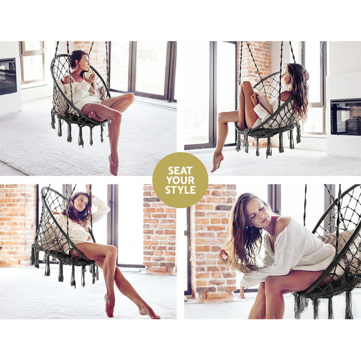 Macrame Swing Hammock Chair | Handmade Bohemian Hanging Rope Cotton Seat for Indoor Outdoor Bedroom Porch | Sturdy Steel Construction | Easy to Install