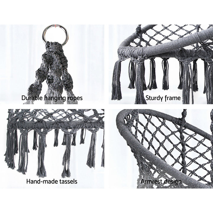 Macrame Swing Hammock Chair | Handmade Bohemian Hanging Rope Cotton Seat for Indoor Outdoor Bedroom Porch | Sturdy Steel Construction | Easy to Install