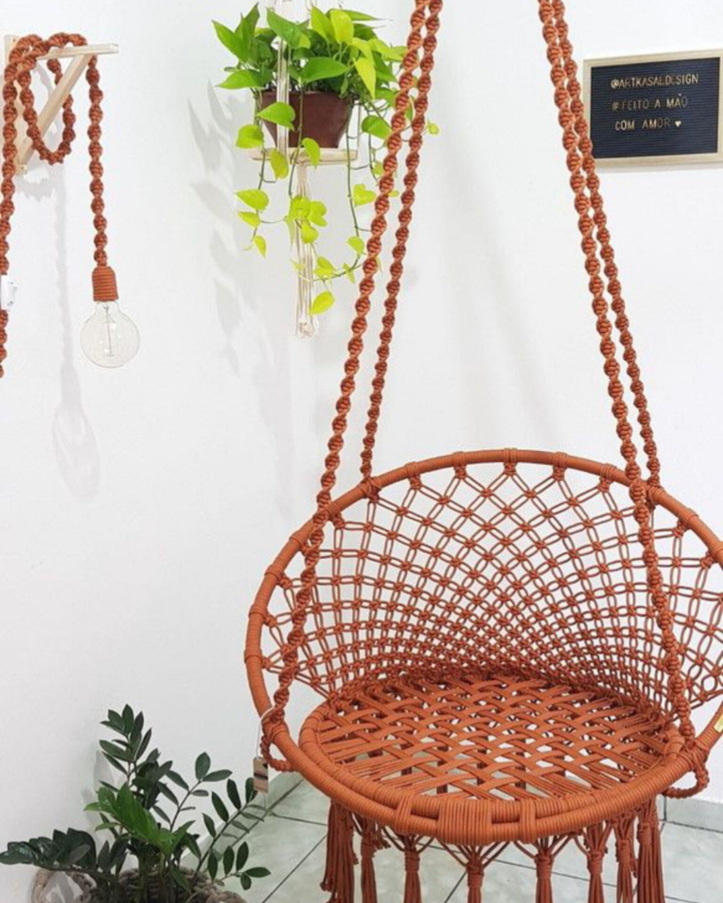 Macrame Swing Hammock Chair | Handmade Bohemian Hanging Rope Cotton Seat for Indoor Outdoor Bedroom Porch | Sturdy Steel Construction | Easy to Install