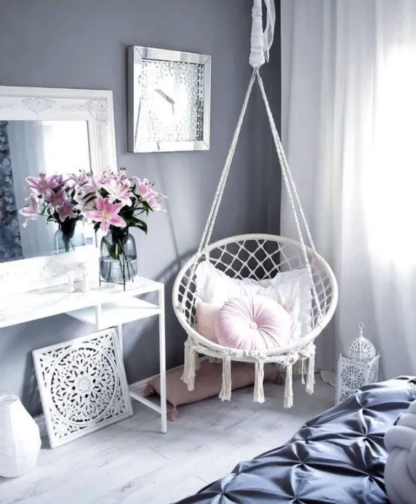 Macrame Swing Hammock Chair | Handmade Bohemian Hanging Rope Cotton Seat for Indoor Outdoor Bedroom Porch | Sturdy Steel Construction | Easy to Install