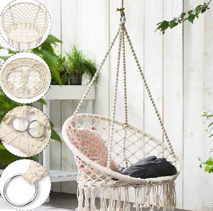 Macrame Swing Hammock Chair | Handmade Bohemian Hanging Rope Cotton Seat for Indoor Outdoor Bedroom Porch | Sturdy Steel Construction | Easy to Install