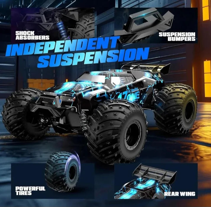 20+ MPH High Speed RC Monster Truck with LED Lights – 2.4GHz Off Road Remote Control Car for Kids & Adults, Rechargeable Battery, All Terrain RC Car