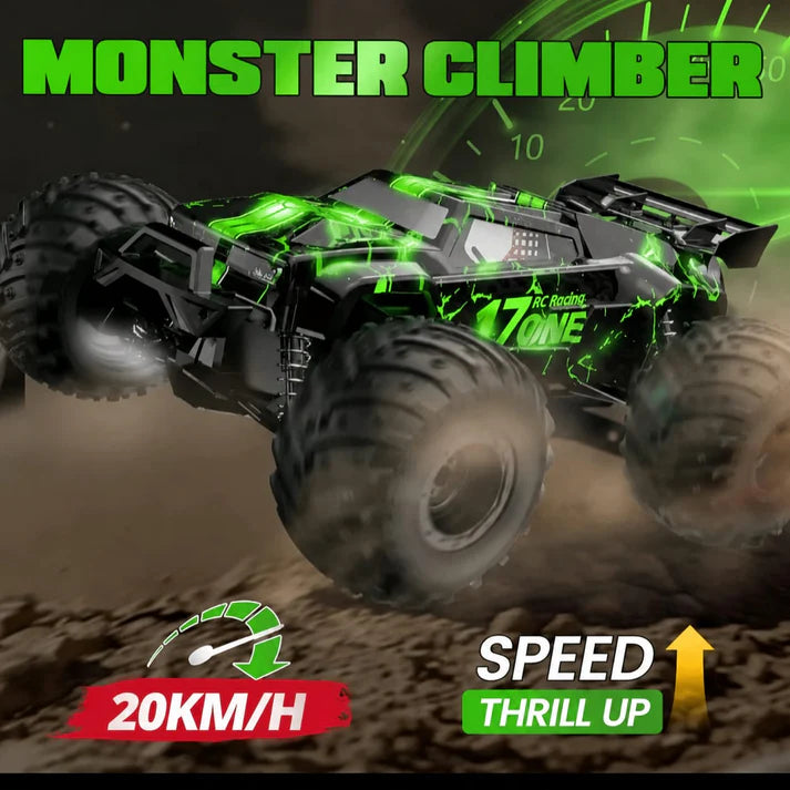 20+ MPH High Speed RC Monster Truck with LED Lights – 2.4GHz Off Road Remote Control Car for Kids & Adults, Rechargeable Battery, All Terrain RC Car