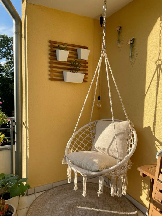 Macrame Swing Hammock Chair | Handmade Bohemian Hanging Rope Cotton Seat for Indoor Outdoor Bedroom Porch | Sturdy Steel Construction | Easy to Install