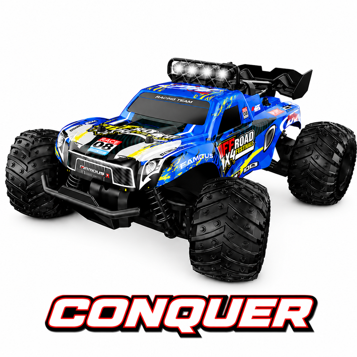 1:18 RC Monster Conquer Truck for Kids Ages and Hobby fans | 2.4GHz Remote Control Car with LED Body Lights | 35+ km/h Off-Road Toy Truck
